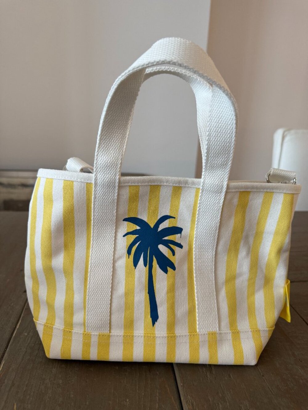 Kerri Rosenthal Mini Tote “Buttercup” Yellow Stripes & Navy Palm Tree NEW